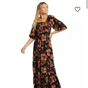 Billabong Full Bloom Black and Rust Maxi Dress Large